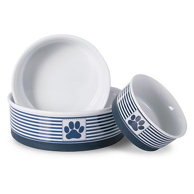 Bone Dry Paw Patch Stripe Nautical Blue Pet Bowl Set of 2