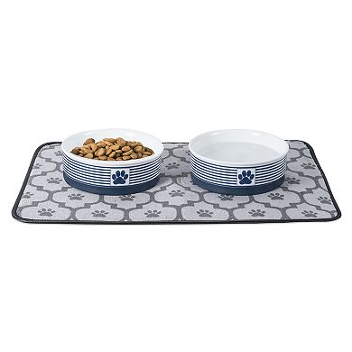 Bone Dry Paw Patch Stripe Nautical Blue Pet Bowl Set of 2