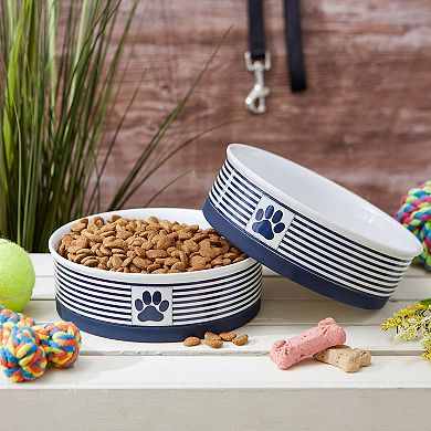 Bone Dry Paw Patch Stripe Nautical Blue Pet Bowl Set of 2