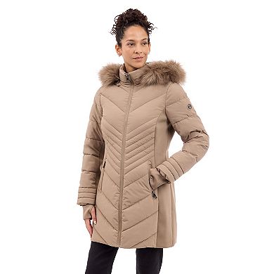 Women's London Fog Faux Fur Trimmed Hooded Puffer Jacket