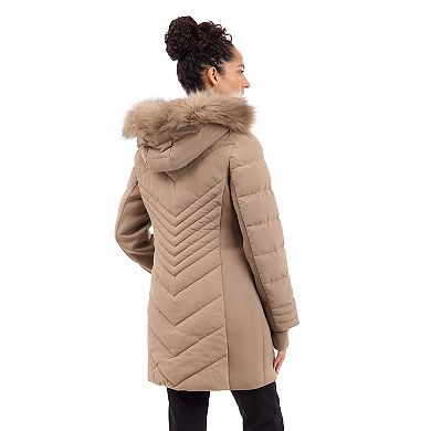 Women's London Fog Faux Fur Trimmed Hooded Puffer Jacket