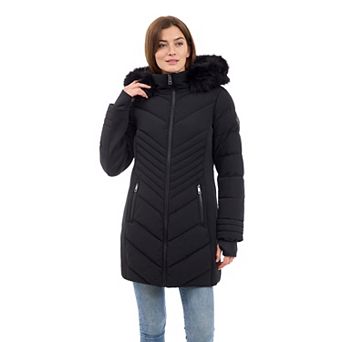 Women's London Fog Faux Fur Trimmed Hooded Puffer Jacket