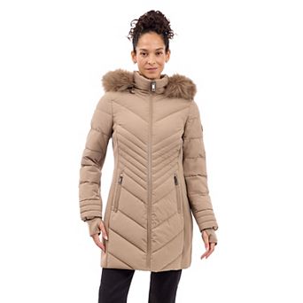 Women's London Fog Faux Fur Trimmed Hooded Puffer Jacket