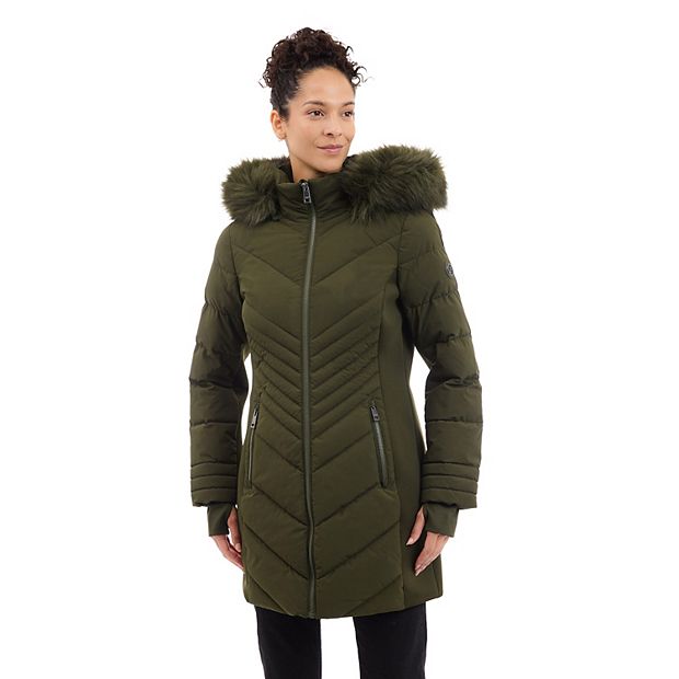 Women's London Fog Faux Fur Trimmed Hooded Puffer Jacket