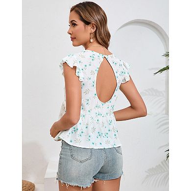 Maternity Tie Knot Backless Blouse Women Cap Sleeve V Neck Floral Print Peplum Top