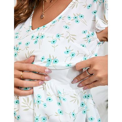 Maternity Tie Knot Backless Blouse Women Cap Sleeve V Neck Floral Print Peplum Top