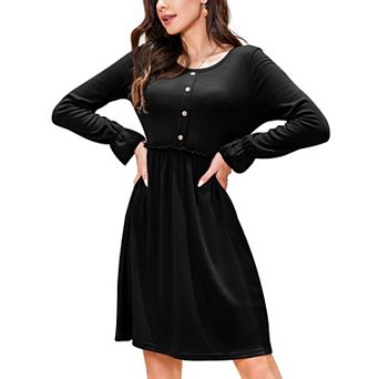 Women's Crewneck Ribbed Knit Dress Button Down Ruffle Swing Flowy A-Line Knee Length Dresses