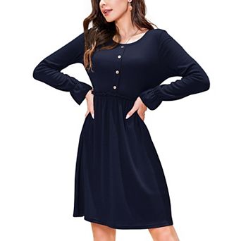 Women's Crewneck Ribbed Knit Dress Button Down Ruffle Swing Flowy A-Line Knee Length Dresses