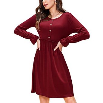 Women's Crewneck Ribbed Knit Dress Button Down Ruffle Swing Flowy A-Line Knee Length Dresses