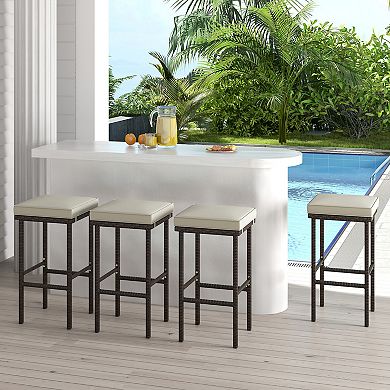 Patio Wicker Bar Stools With Seat Cushions And Footrest (Set of 2)