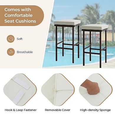 Patio Wicker Bar Stools With Seat Cushions And Footrest (Set of 2)