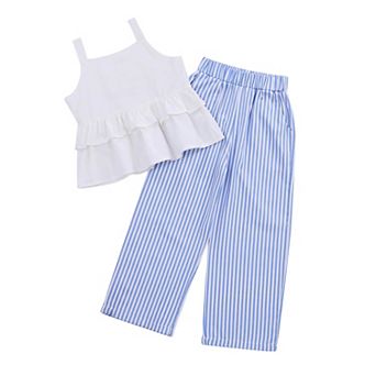 Girl's 2 pc Outfits Cami Top Wide Leg Pants Ruffle Hem Summer Clothes With 2 Pockets