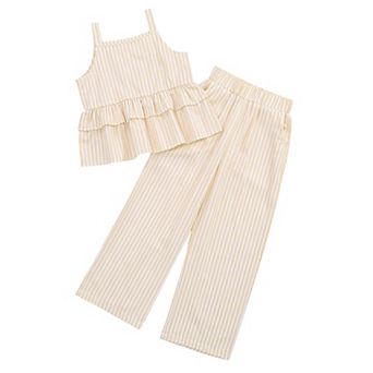 Girl's 2 pc Outfits Cami Top Wide Leg Pants Ruffle Hem Summer Clothes With 2 Pockets