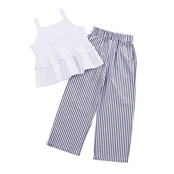 Girl's 2 pc Outfits Cami Top Wide Leg Pants Ruffle Hem Summer Clothes With 2 Pockets