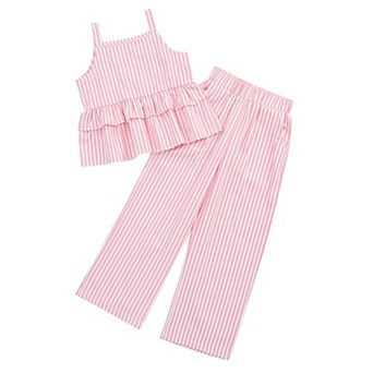 Girl's 2 pc Outfits Cami Top Wide Leg Pants Ruffle Hem Summer Clothes With 2 Pockets