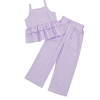 Girl's 2 pc Outfits Cami Top Wide Leg Pants Ruffle Hem Summer Clothes With 2 Pockets