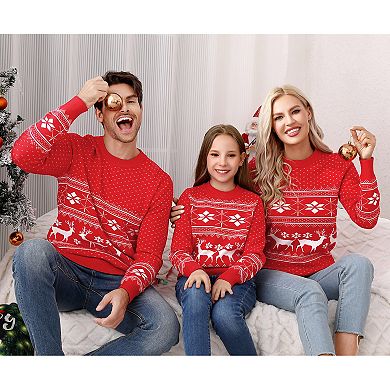 Family Matching Christmas Sweater Reindeer Snowflakes Knitted Ugly Crew Neck Pullover For Men