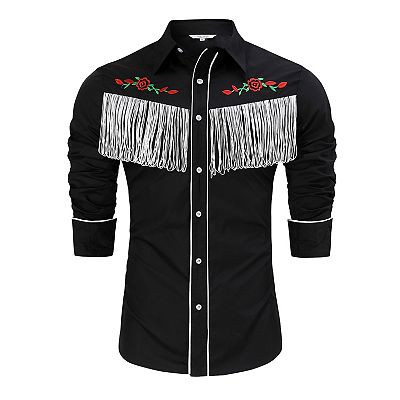 Men s Western Cowboy Fringe Shirt Long Sleeve Rose Embroidered Slim Fit Button Down Shirt