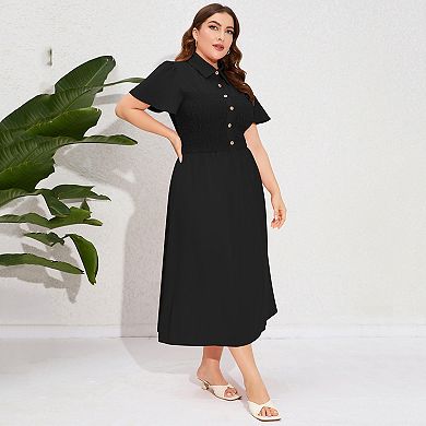 Women's Plus Size Dress Summer Button Down Smocked Midi Dress Short Sleeve Sundress