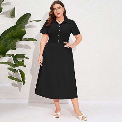 Women's Plus Size Dress Summer Button Down Smocked Midi Dress Short Sleeve Sundress