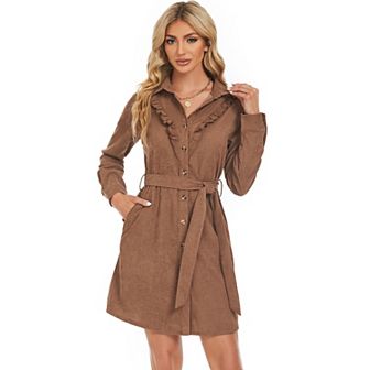 Women's Corduroy Ruffle Hem High Waist Button Front Dress With Belt