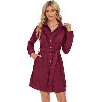 Women's Corduroy Ruffle Hem High Waist Button Front Dress With Belt