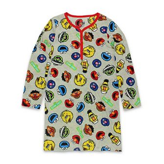Sesame Street Elmo Women's Long Sleeve Henley Dorm Nightgown Sleep Dress Pajamas