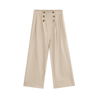 Kids Little Girls Elastic High Waist Button Wide Legs Loose Pants Trousers With Pockets 4-12 Years