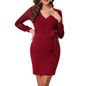 Women's Maternity Dress Lace Long Sleeve Bodycon Midi Dress V Neck High Waist Pregnancy Dress