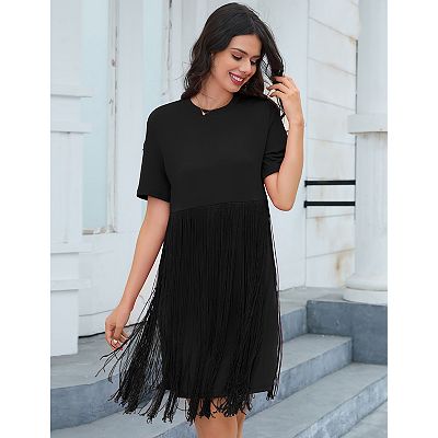 Women s Tassel Dress Casual Summer Dress Short Sleeve Fringe Hem Dresses Party Concert Outfits