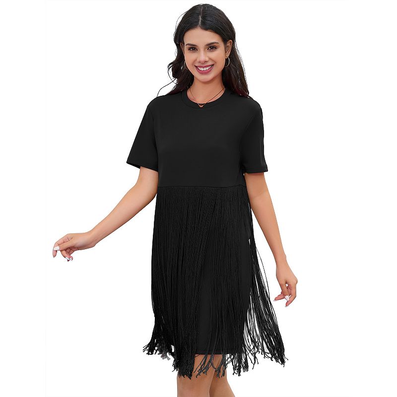 casual dress for concert Women's Tassel Summer Dress Short Sleeve Fringe Hem Dresses Party Outfits korean dress floral formal Color:Off White/Black women's maxi dress To a country music festival
