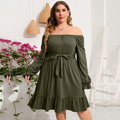 Women's Casual Plus Size Dress Short Sleeve High Waist Ruffle Summer Midi Dress With Belt