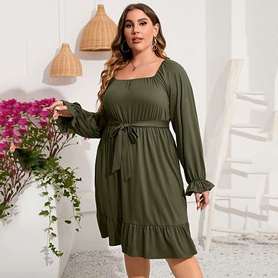 Women's Casual Plus Size Dress Short Sleeve High Waist Ruffle Summer Midi Dress With Belt