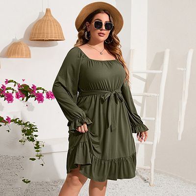 Women's Casual Plus Size Dress Short Sleeve High Waist Ruffle Summer Midi  Dress With Belt