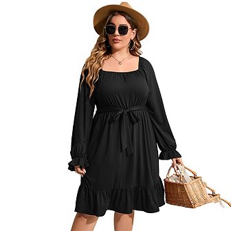 Women's Casual Plus Size Dress Short Sleeve High Waist Ruffle Summer Midi Dress With Belt