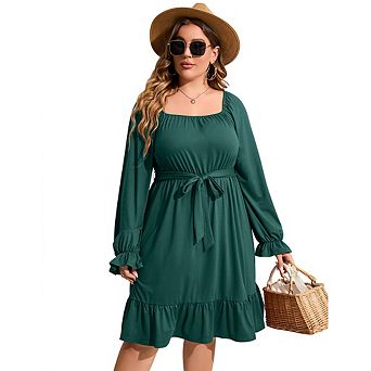 Women's Casual Plus Size Dress Short Sleeve High Waist Ruffle Summer Midi Dress With Belt