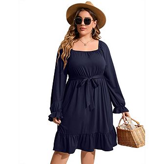 Women's Casual Plus Size Dress Short Sleeve High Waist Ruffle Summer Midi Dress With Belt