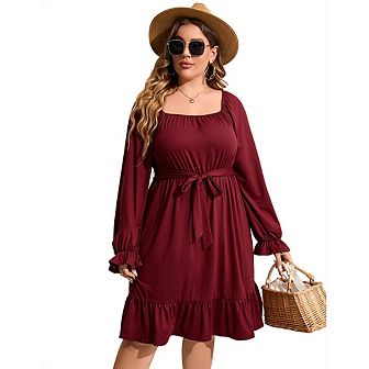 Women's Casual Plus Size Dress Short Sleeve High Waist Ruffle Summer Midi Dress With Belt