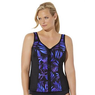 Swimsuits For All Women's Plus Size Chlorine Resistant Sweetheart Zip Front Tankini Top