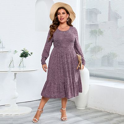 MISSKY Women s Plus Size Dresses Long Sleeves Crew Neck Casual Ribbed Knit Sweater Loose Flowy Dress with Pockets purple 5XL