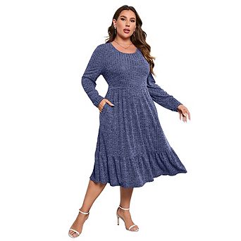 Womens Plus Size Ribbed Knit Sweater Dress Long Sleeve Stretchy Comfy Casual Fall Dress With Pockets