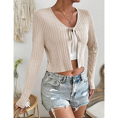 Womens Lightweight Long Sleeve Cardigan Tie Front Shrugs Knit Cardigan Crop Tops