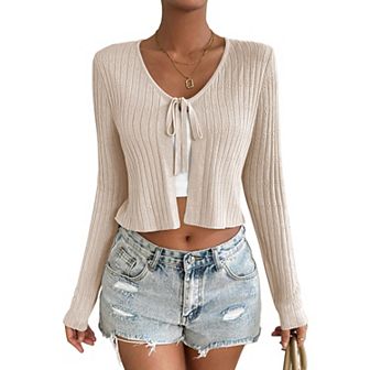 Womens Lightweight Long Sleeve Cardigan Tie Front Shrugs Knit Cardigan Crop Tops