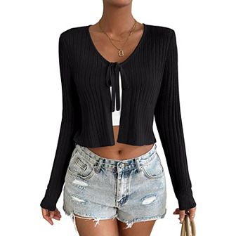 Womens Lightweight Long Sleeve Cardigan Tie Front Shrugs Knit Cardigan Crop Tops