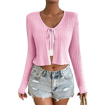 Womens Lightweight Long Sleeve Cardigan Tie Front Shrugs Knit Cardigan Crop Tops