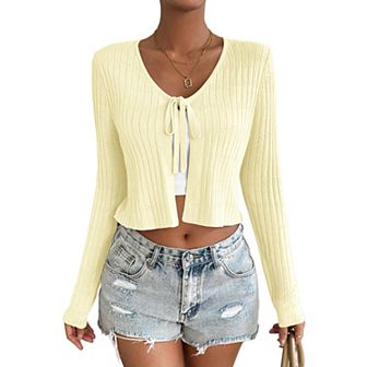 Womens Lightweight Long Sleeve Cardigan Tie Front Shrugs Knit Cardigan Crop Tops