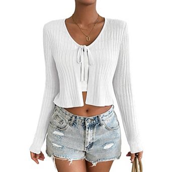 Womens Lightweight Long Sleeve Cardigan Tie Front Shrugs Knit Cardigan Crop Tops