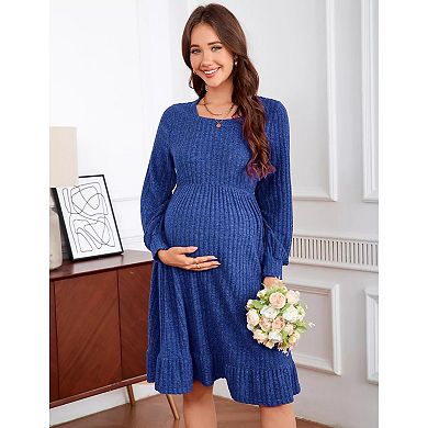 Maternity Sweater Dress Square Neck Lantern Long Sleeve Ribbed Knit Baby Shower Dress Photoshoot