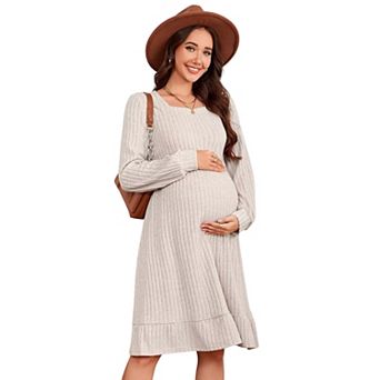 Maternity Sweater Dress Square Neck Lantern Long Sleeve Ribbed Knit Baby Shower Dress Photoshoot
