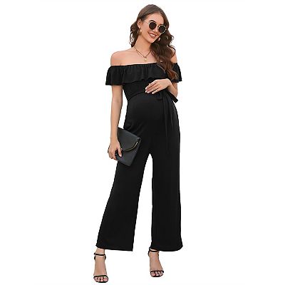 Whizmax Casual Off Shoulder Maternity Jumpsuits Short Ruffle Sleeves Belted Wide Leg Jumpsuits Romper black L